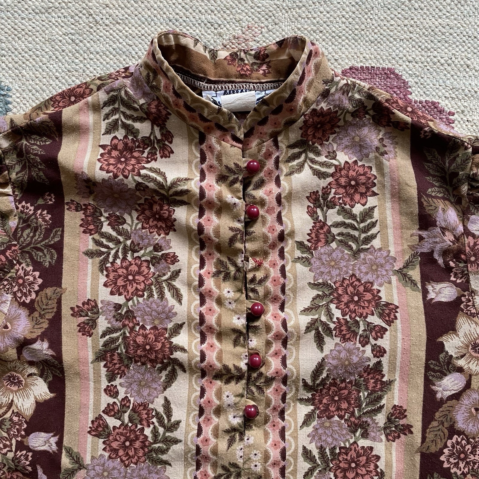 70s Applause Showstopper Floral Blouse Band Collar Medium Hippie Boho Vintage