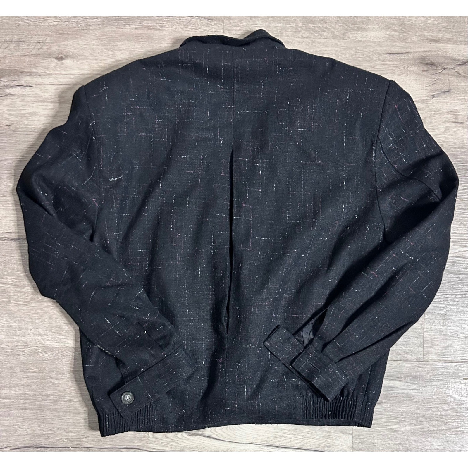 Vintage 80s Black Bomber Jacket Wool Blend Zip Up Retro Size Medium