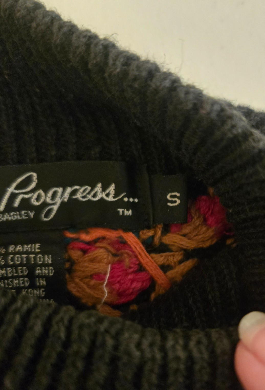 Vintage Work in Progress Gladys Bagley navy with flower embroidery sweater S