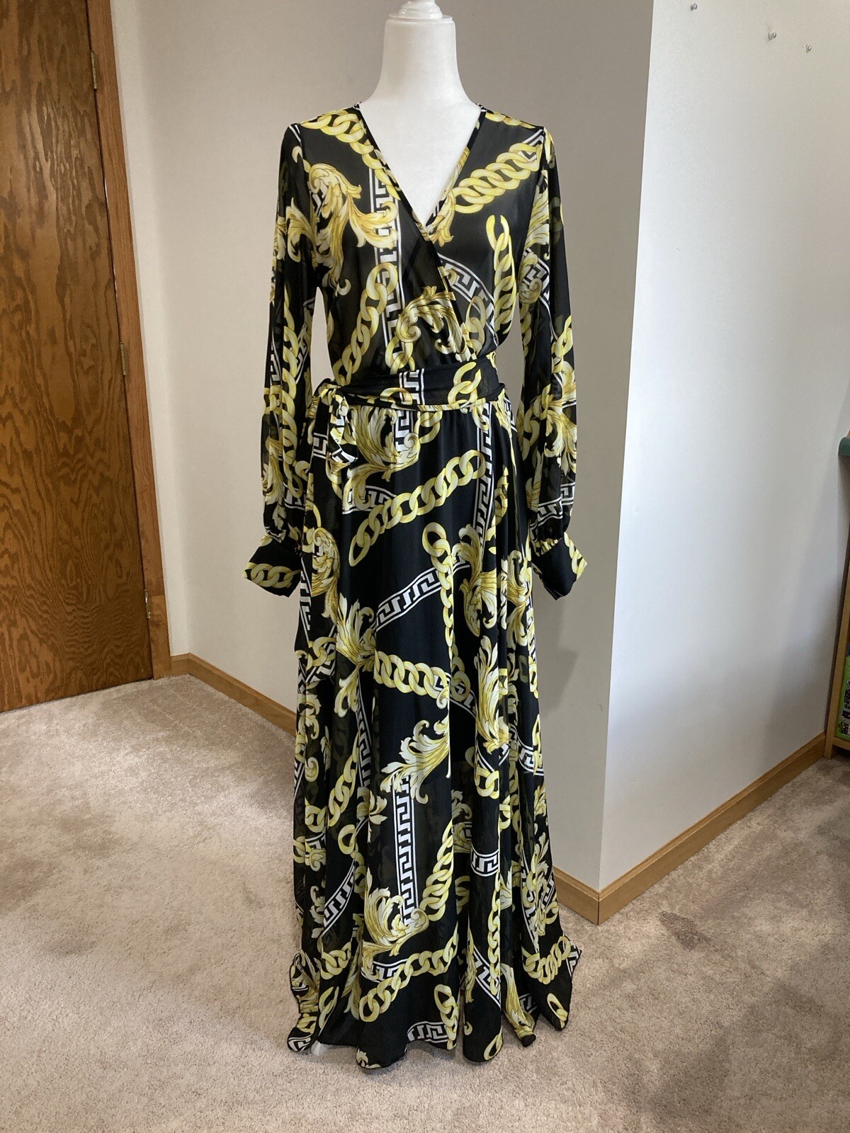 Vintage Sexy Diva Women Black Yellow Sheer Long sleeves Maxi Dress Size Medium