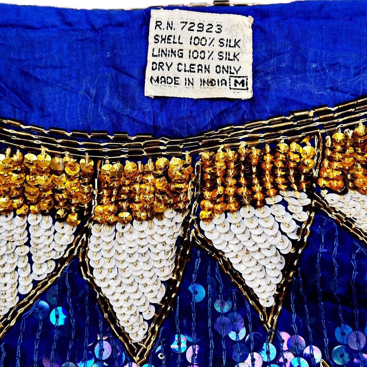 Stunning Vintage SILK INDIA Full Sequin Sapphire Blue Beaded Cocktail Dress M