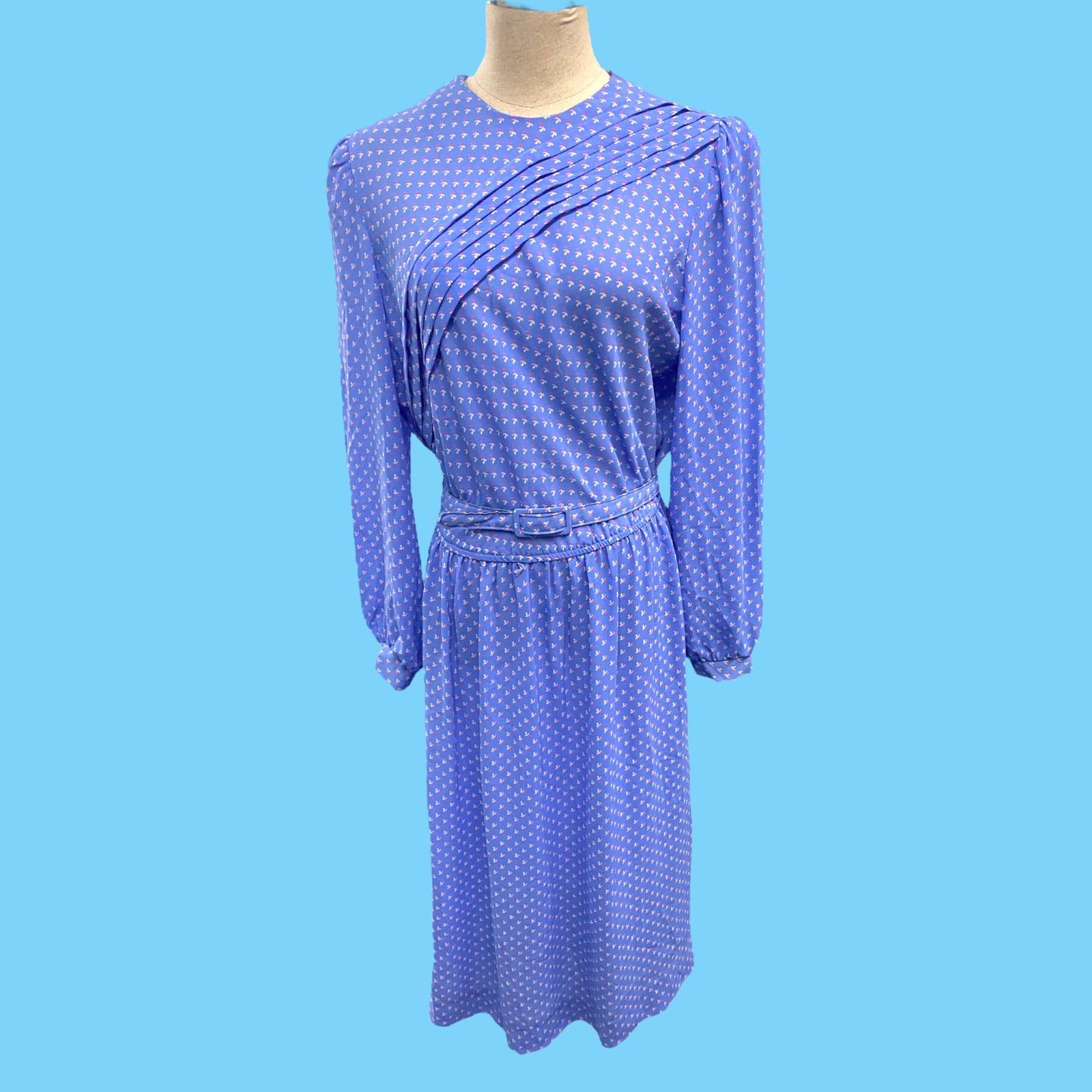 Vintage 70’s Lady Carol Of New York Blue Floral Pattern Secretarial Dress Large