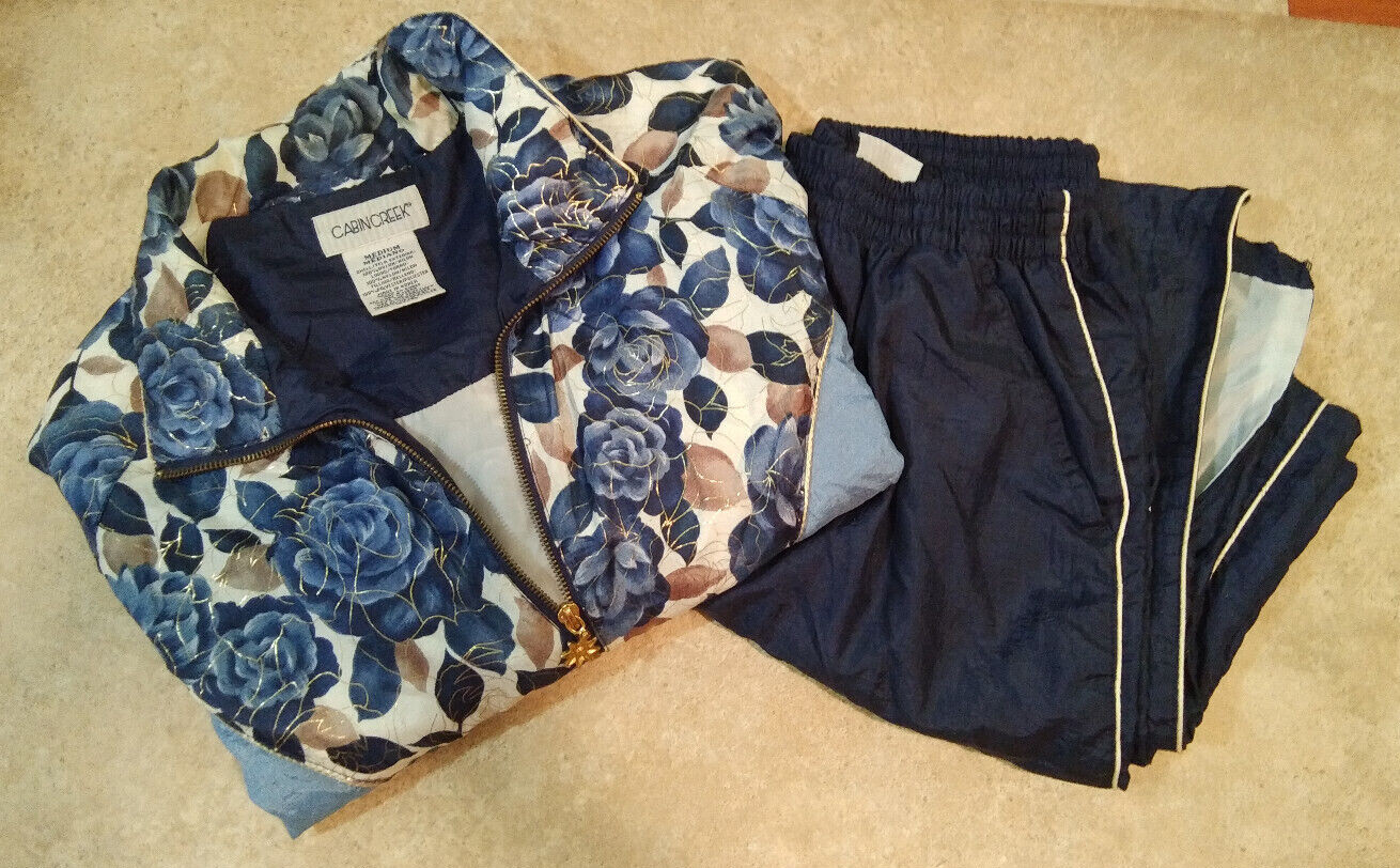 Vtg Swish Track Suit Windbreaker Floral Blue White Jacket Pants Cabin Creek