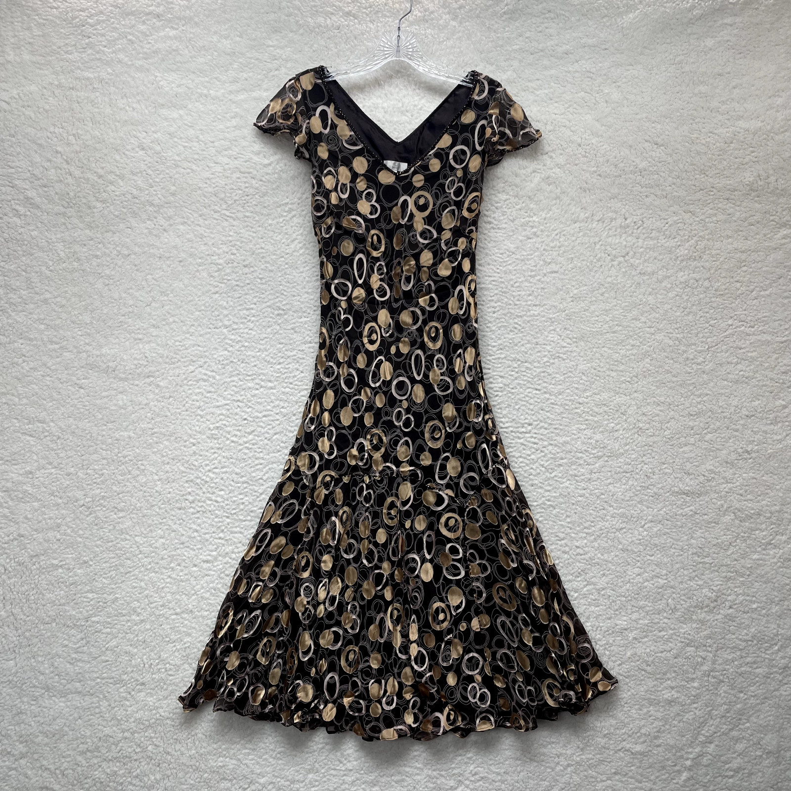 Y2K Vintage Silk Midi Dress 8 Medium Brown Pattern Beaded Boho Mod Cottagecore
