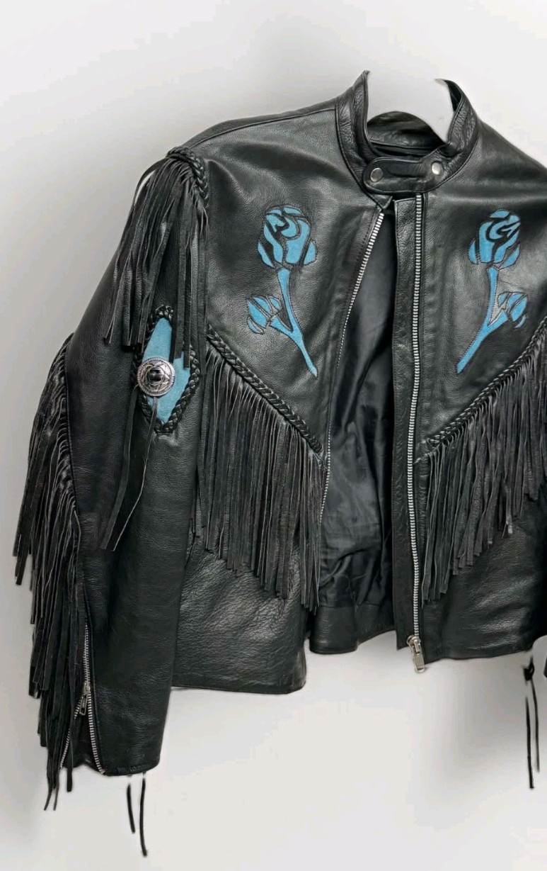 Vintage Black Leather Biker Jacket Women’s Fringe Turquoise Rose Appliqué