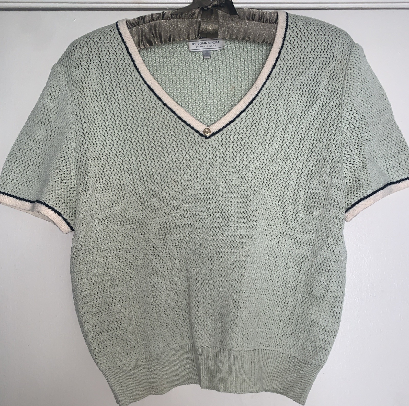 Vintage St John Knit Sweater Size S/M 80s Pale Mint Green Ivory Black Trim