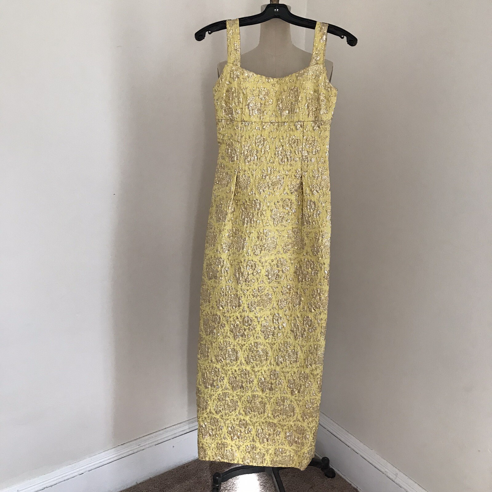 Vintage Brocade Gown Mini Dress Jacket Yellow Gold and silver Metallic 3pcs. XS