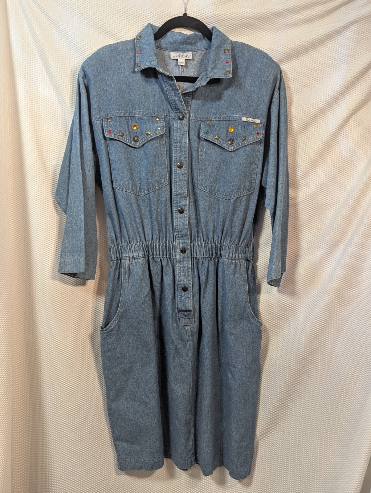 Vintage Ideas Bling Embellished Denim Dress Button Up Pockets 80s 90s Size XL