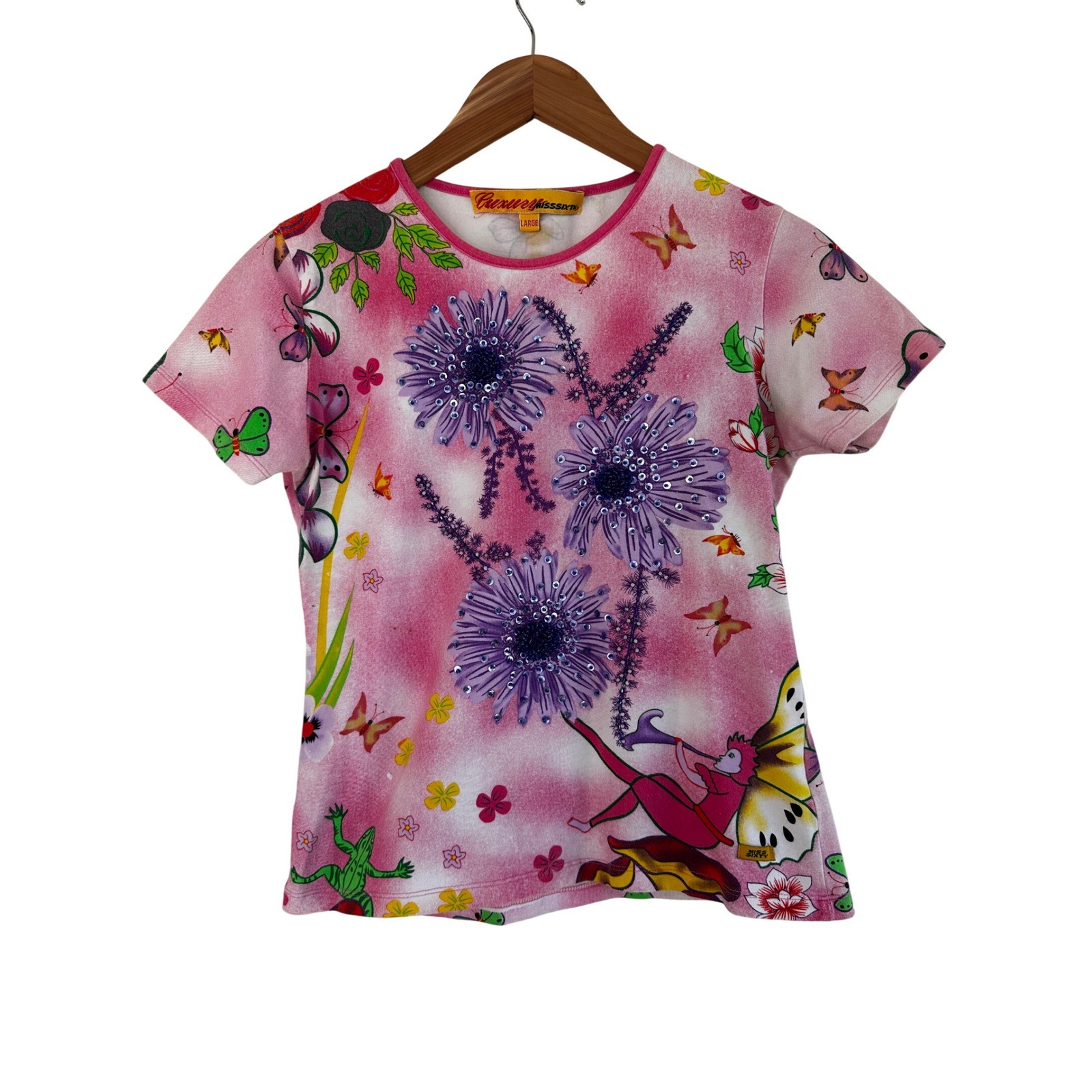 Miss Sixty Vintage Y2K Pink Butterfly Fairy Sequin Baby Tee Women Small Coquette