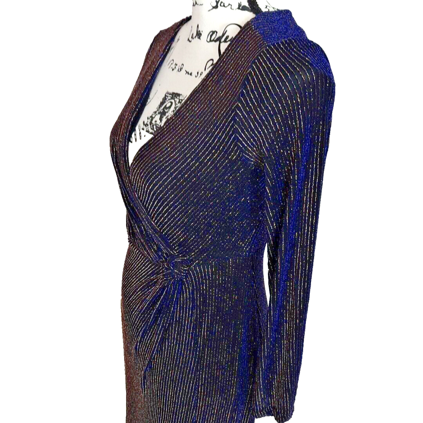Vintage 90s Metallic Faux Wrap Maxi Dress Size 4 Black Blue Whimsigoth Event
