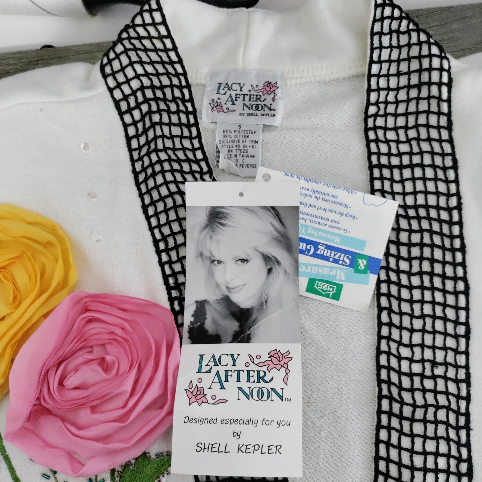 Vintage Lacy Afternoon Shell Kepler Floral Rosette Duster Cardigan White Small