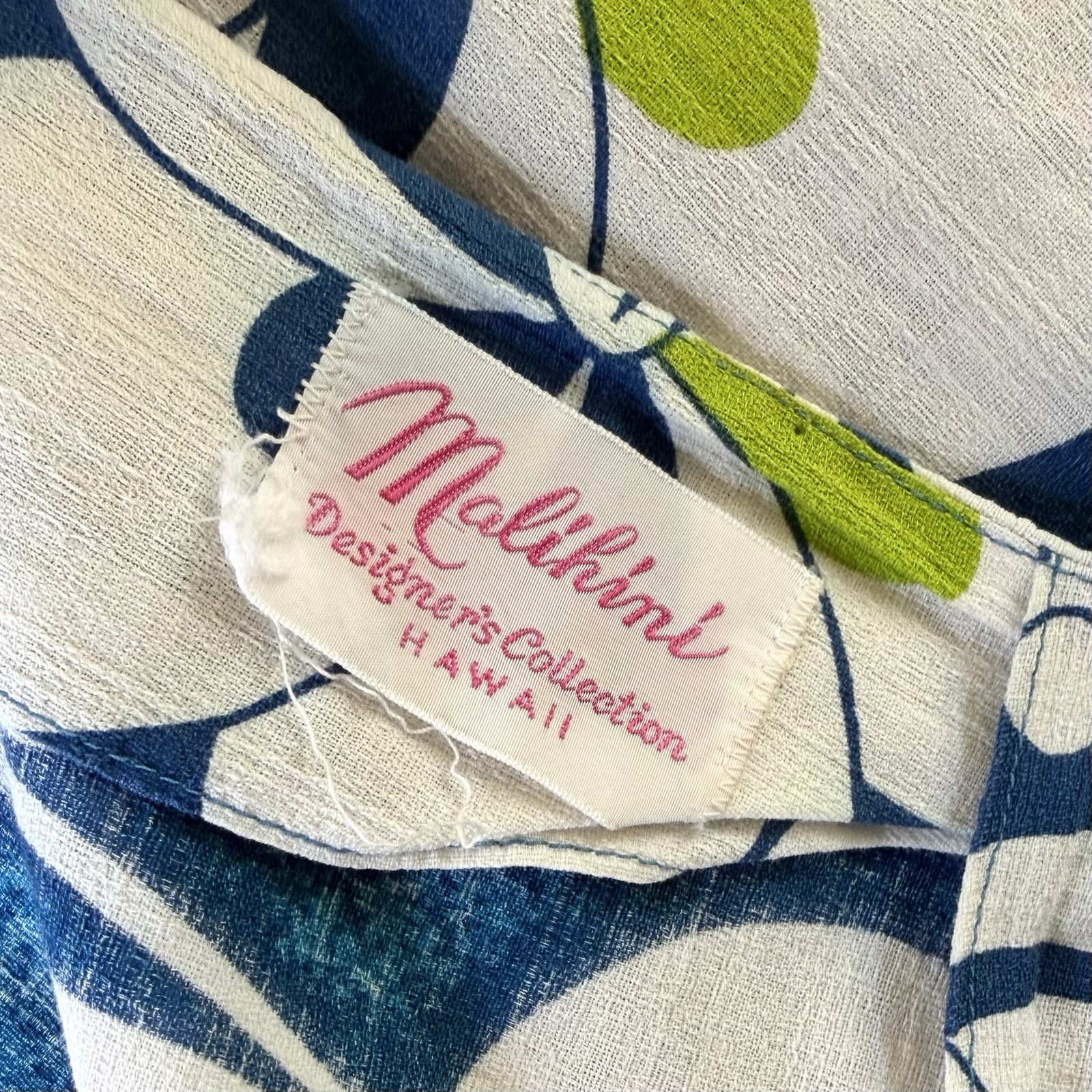 Malihini Vintage Barkcloth Dress Small Blue Sleeveless Hawaiian Floral Buttons