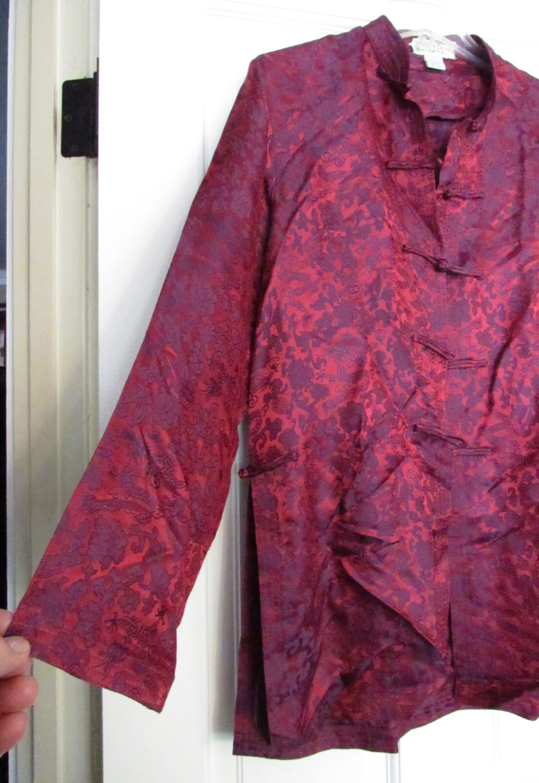 Vintage JADE Kimono Style (#97441) Red Long Sleeve Silk Blouse Top Large (WC-21)