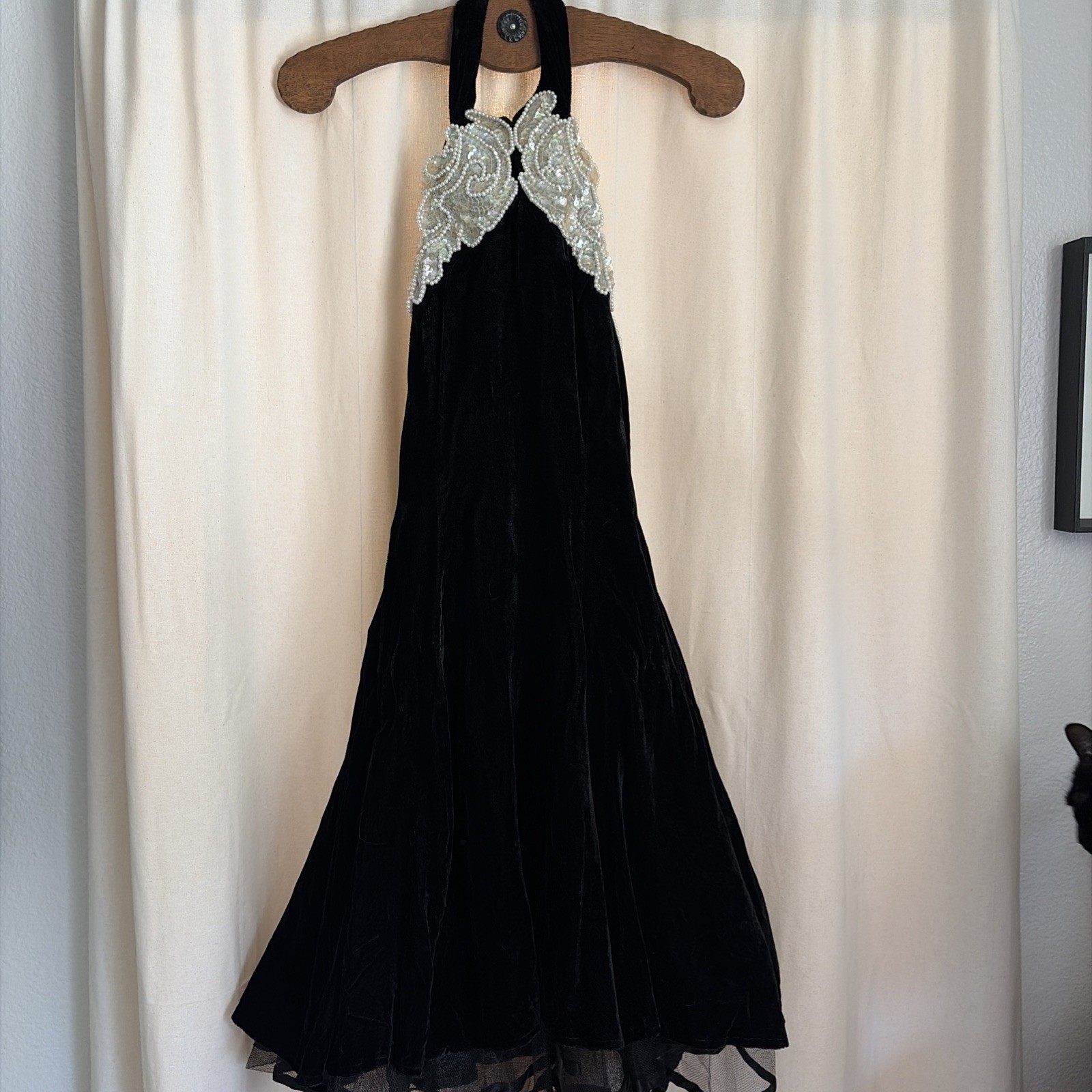 Vintage Black Velvet Sequin Crinoline 80s Backless Prom Cocktail Dress
