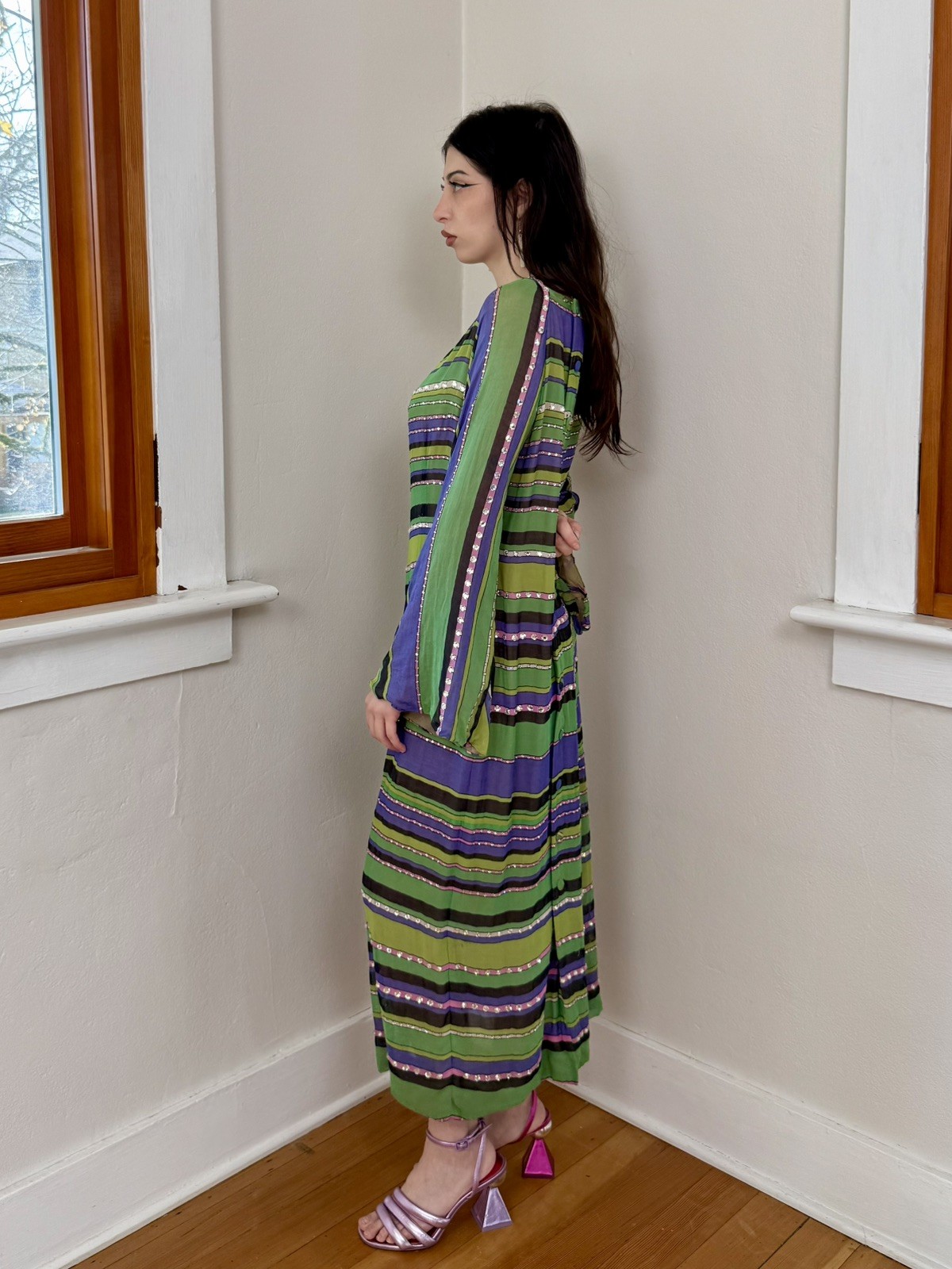 RARE AS IS 1970s Pauline Trigere Silk Glass Rhinestone Bell Sleeve Kaftan Dress