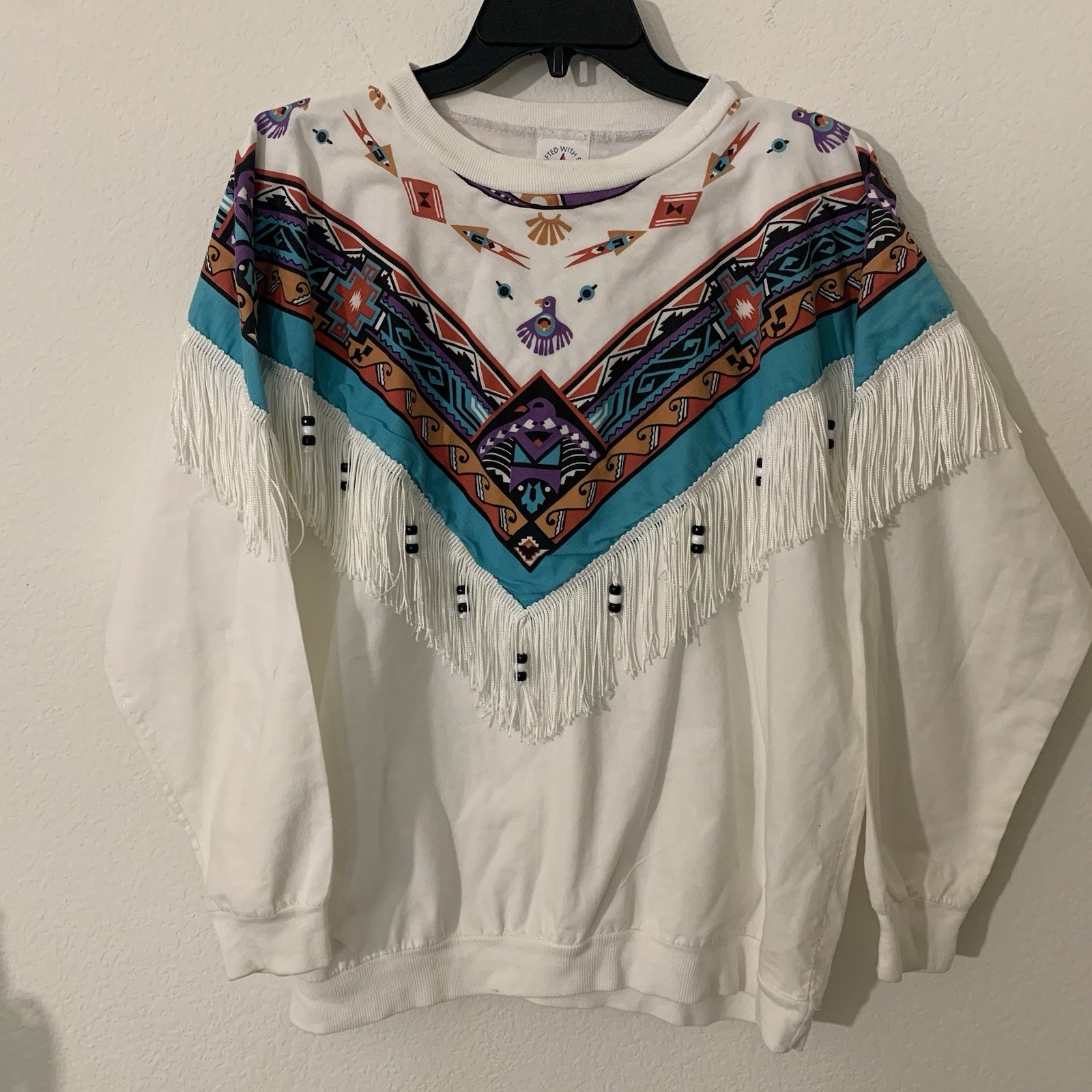 Vtg 80s Southwestern Women’s L/S White M Tribal Print Crafted With Pride USA