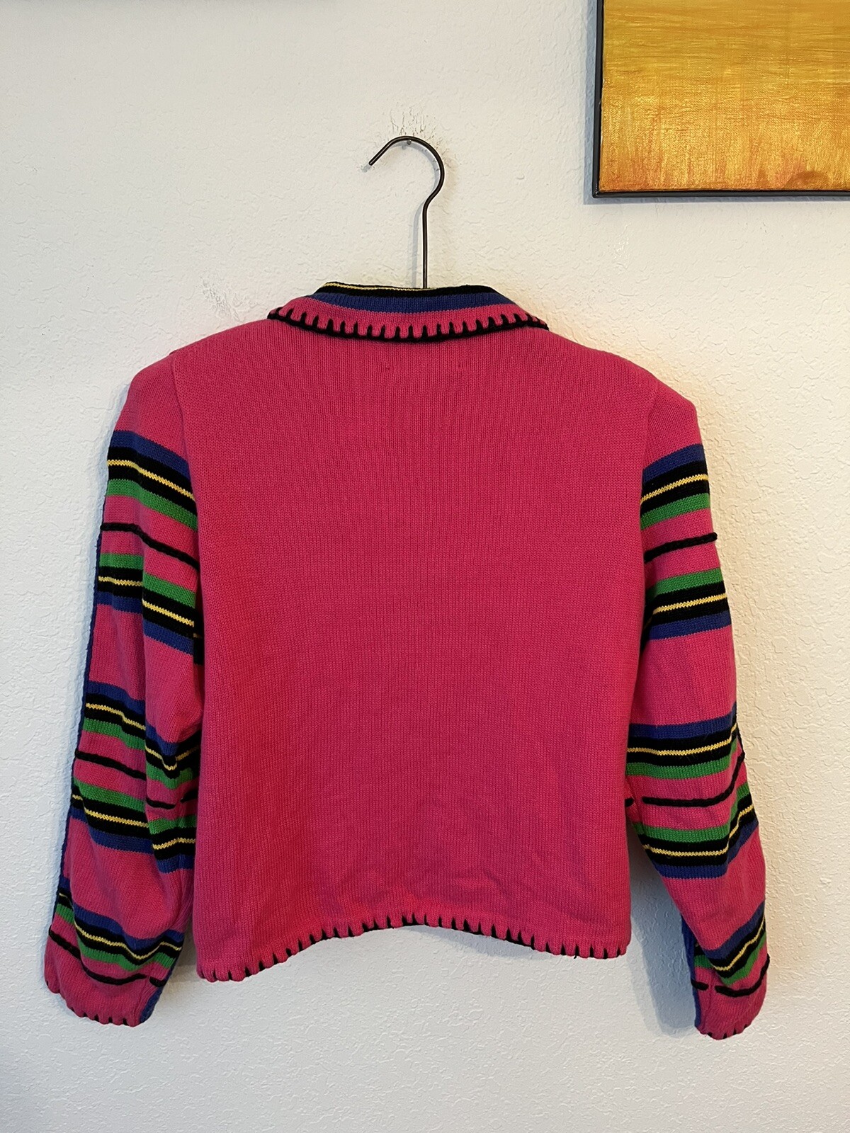 Vtg 90’s Michael Simon Hot Pink Multi Button Up Cardigan Wm Med Petite Collared