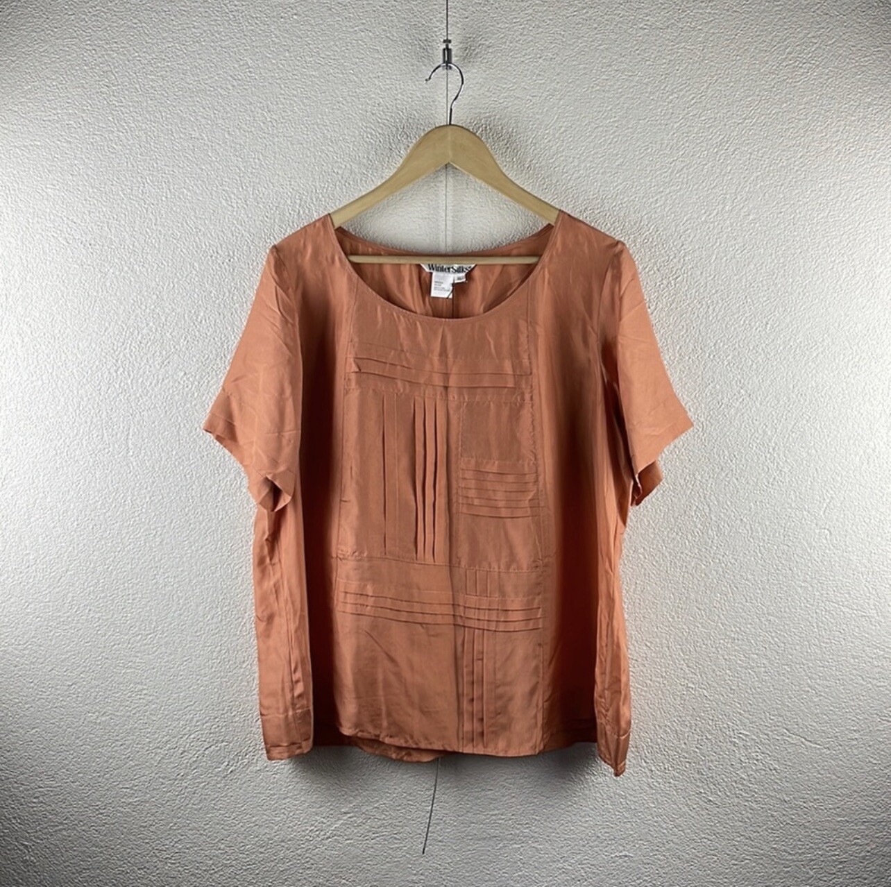 Vintage l 80s XL WinterSilks Silk Pin Tuck Pleated Short Sleeve Relax Fit Blouse