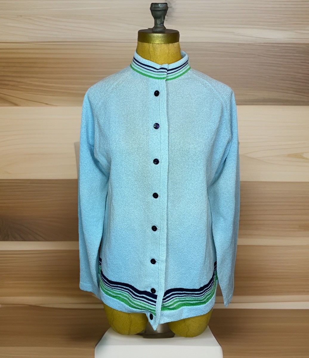 Vtg Talbott Traveler Lightweight Cardigan Sweater Dacron 50/60’s Blue Striped 38
