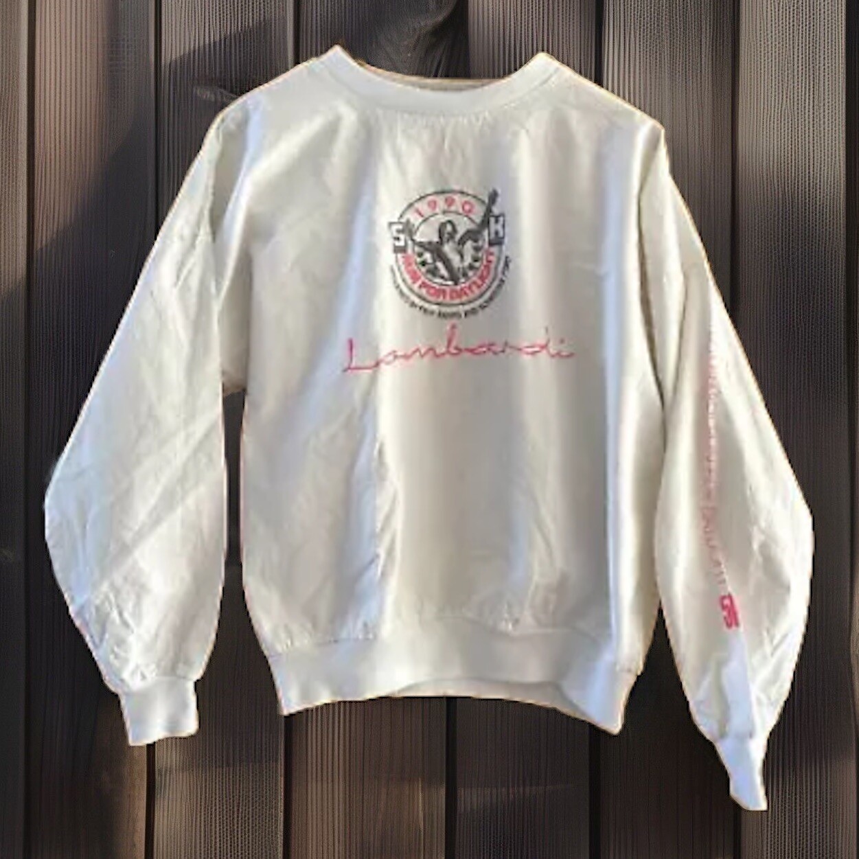 Vintage 1990 Lombardi 5k Embroidered Sweatshirt White Grey Pink Graphic Neon Lrg
