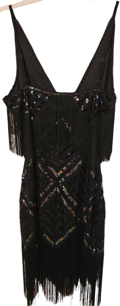 Babeyond 1920’s Style Black Sequined Fringed Flapper Cocktail Dress Sz M