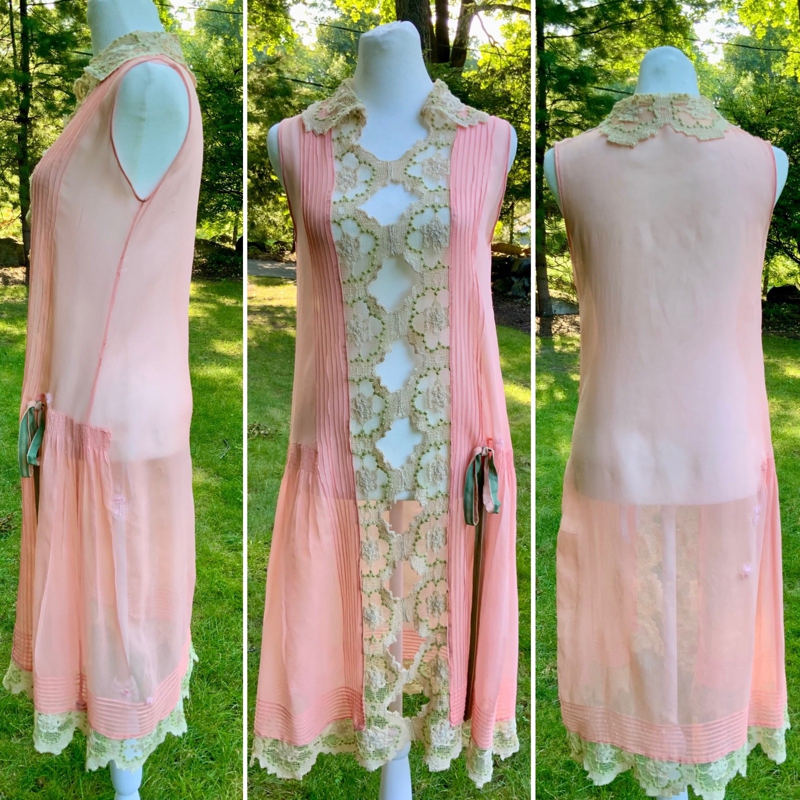 Rare 1920s Silk Chiffon Flapper Dress Art Deco Lace Dress Original Silk Slip Ant