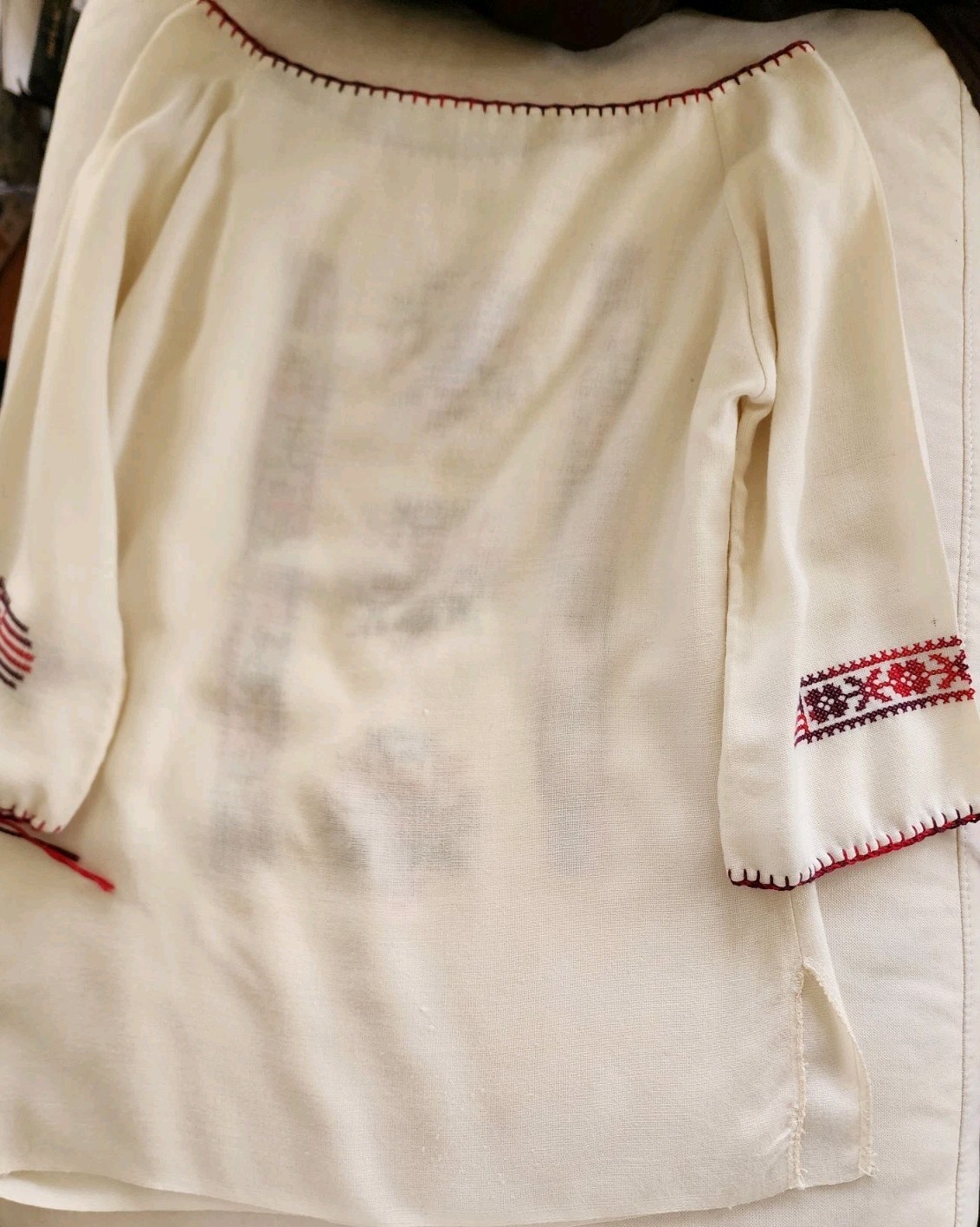 Mid-Century Vintage Handmade Peasant Blouse linen/flax Embroidered M/L