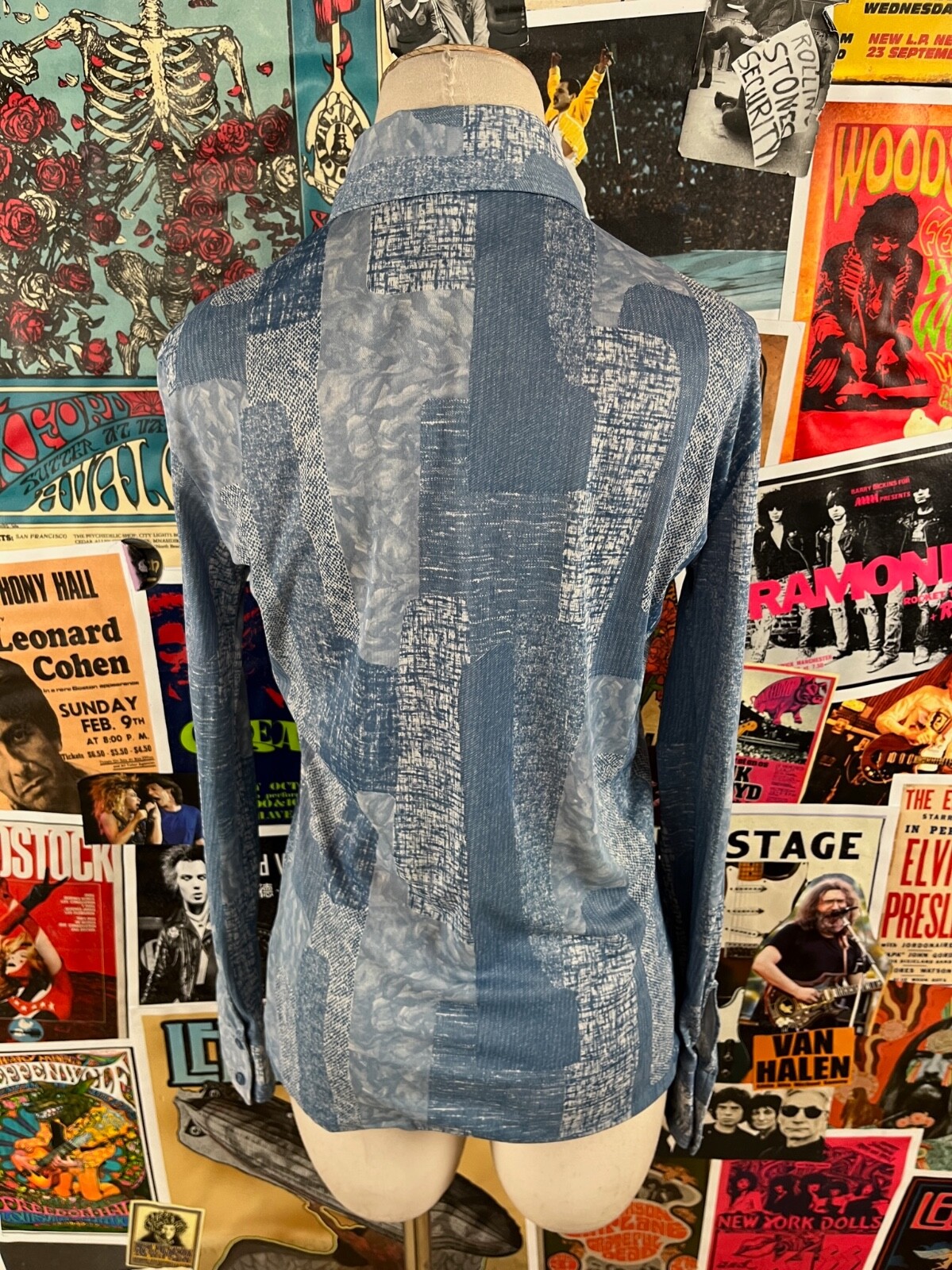 Vintage 70s Blue Mod Lady Arrow Blouse Disco Mod Womens Small Retro As Is