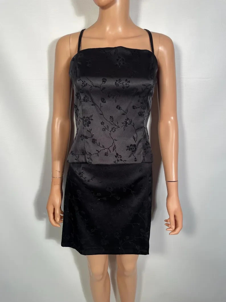 90s Black Satin 3 Piece With Flocked Velvet Glitter Floral Size 11/12 M 30/31 W