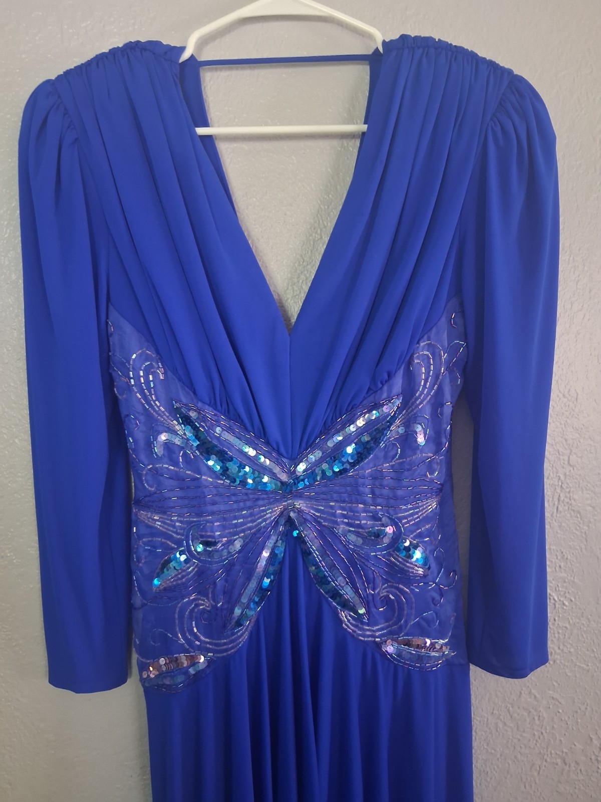 Casadei 1982 Blue Long Sleeve V Neck Beaded Waist Fit & Flair Midi Dress SZ 8