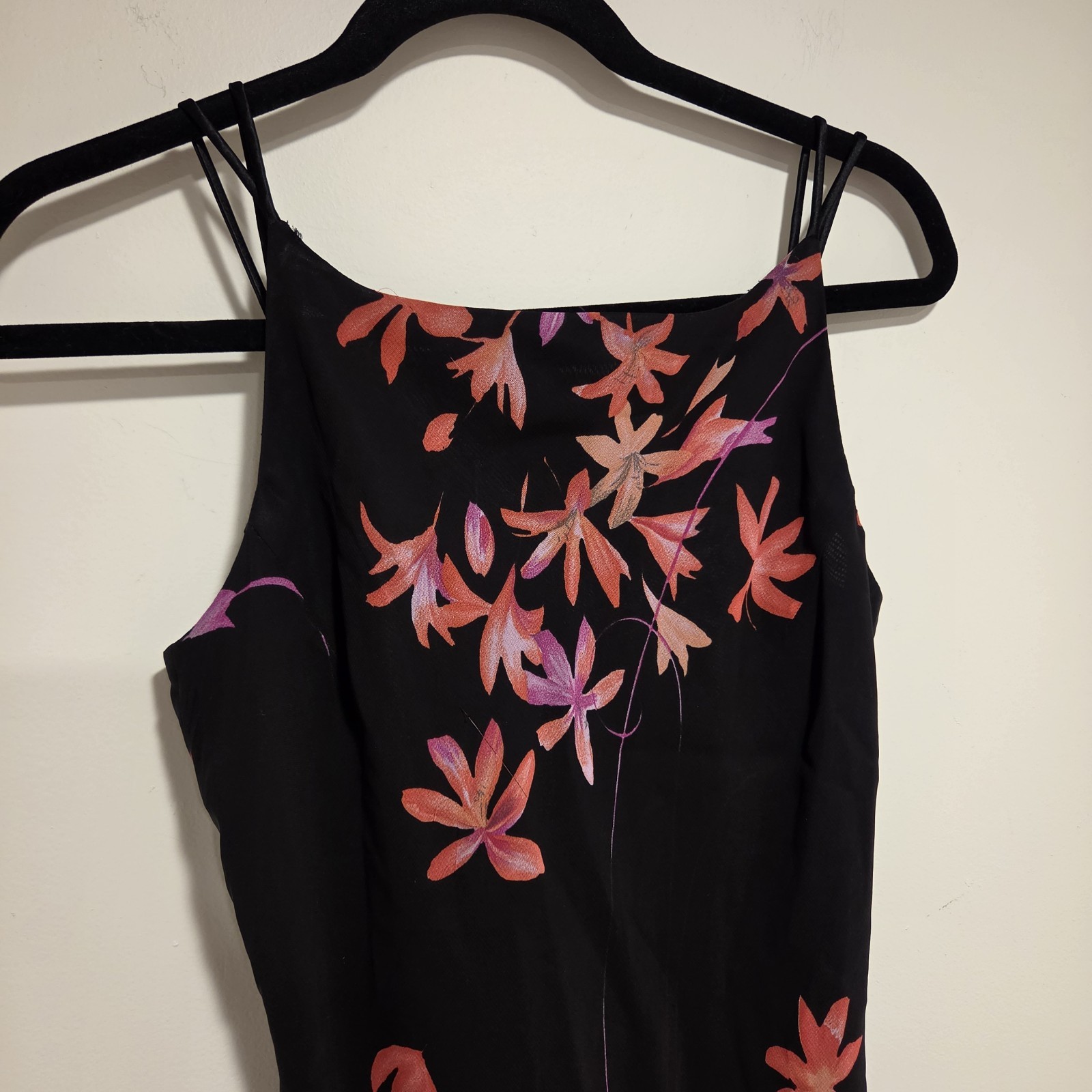 Vintage Y2K 90s Floral Dress 6 Spaghetti Strap Black Party Vacation Flutter Hem
