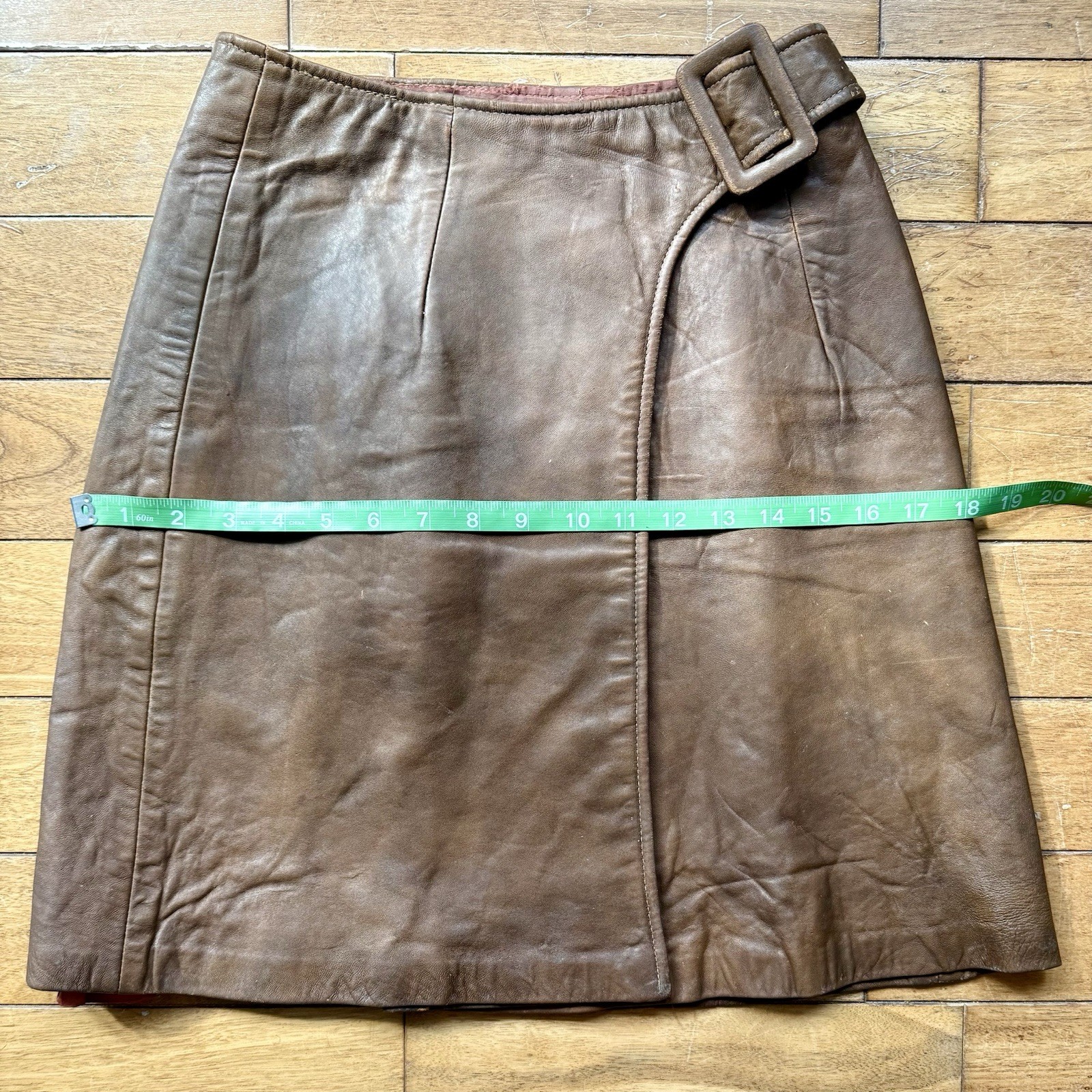 VTG 60s Brown Leather Buckle Snap Lined Mini Skirt Hippie Boho Mod GoGo Scooter