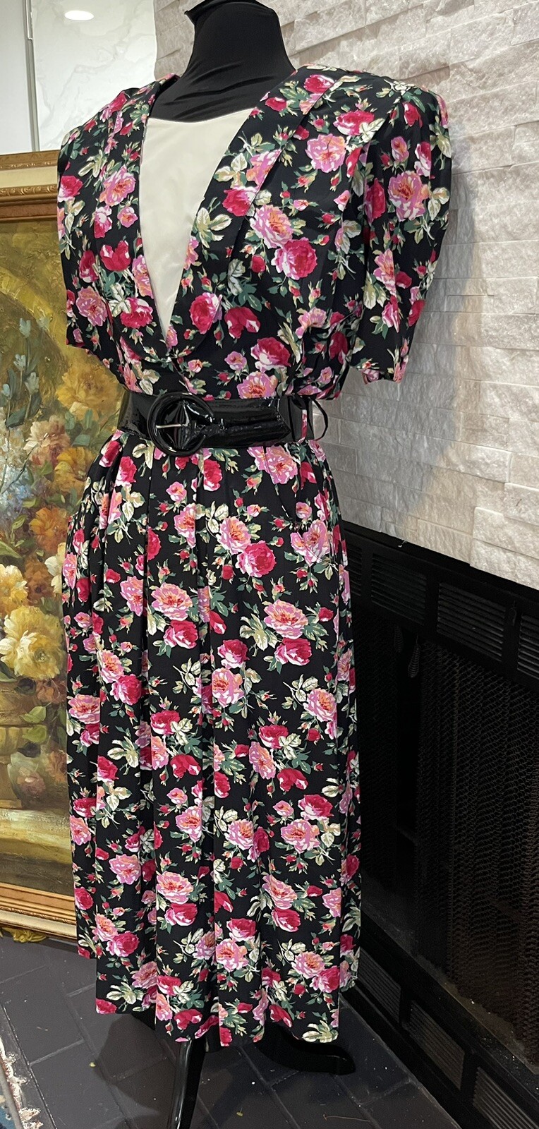 VTG 80s Cottage Core Trad Wife Floral Party Belted Day Dress Modest Size 1