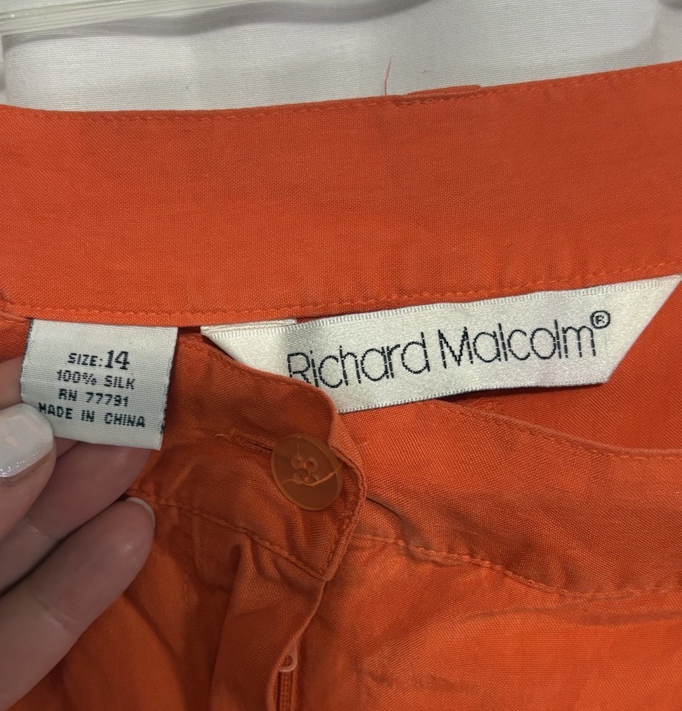 Vintage 100% Silk Orange High Waisted Pleated Trouser Pants Classic Colorful