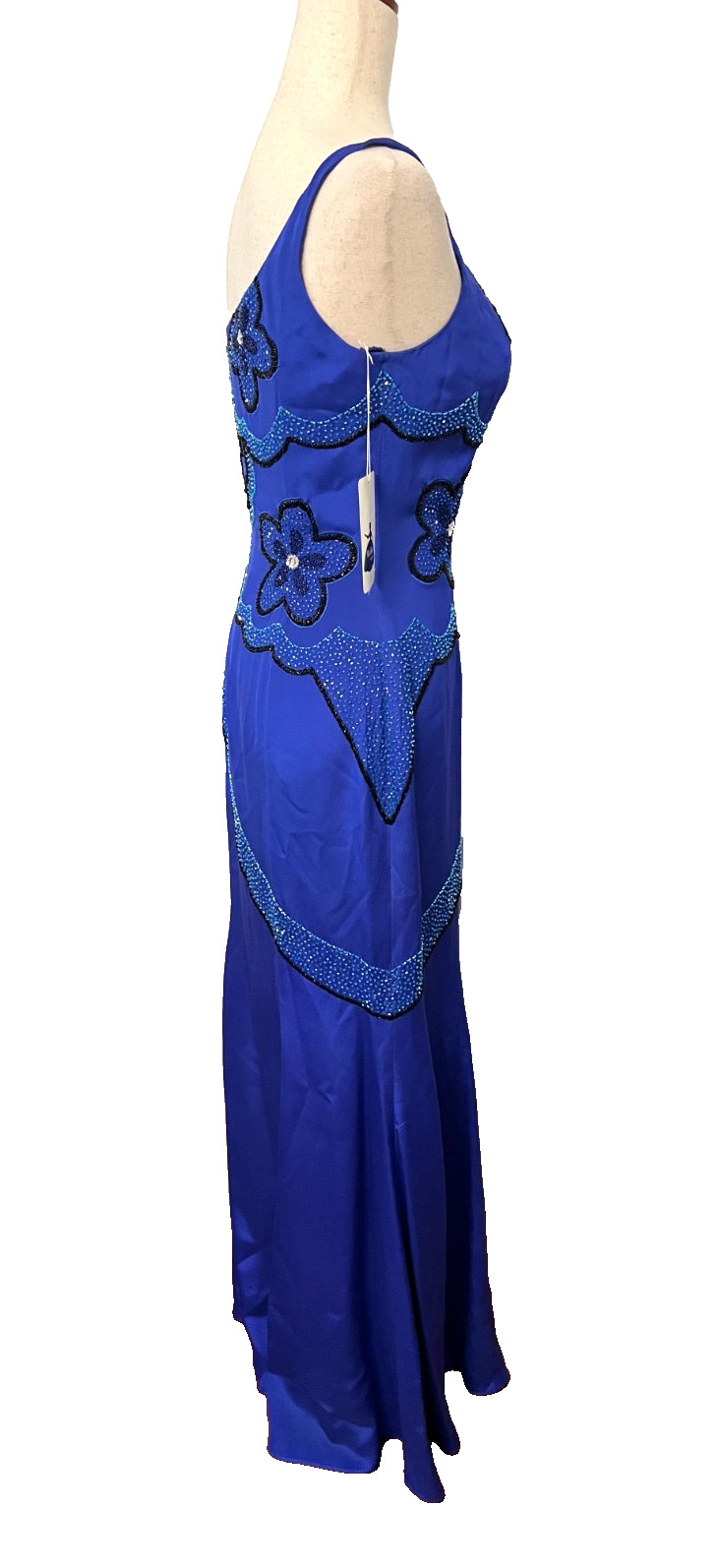 Vtg MIKE BENET FORMALS Sz 8 100% Silk Long Gown Dress Blue Floral Beaded Prom