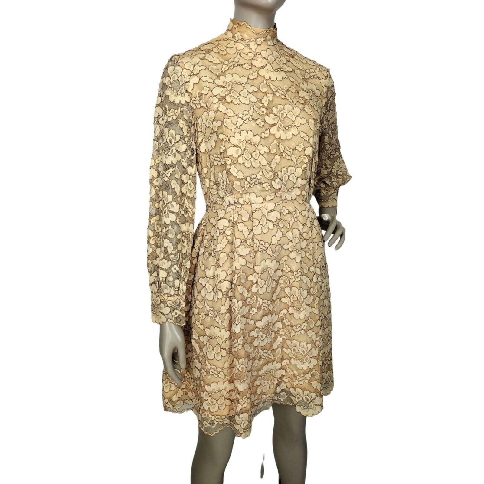 Vintage 60s Beige Gold Floral Lace Scalloped Edge Balloon Sleeve Mini Dress