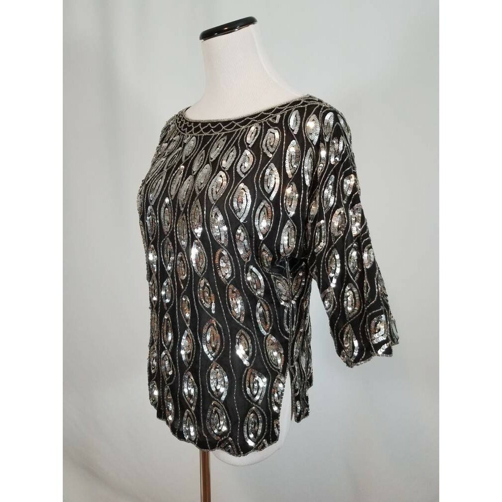 Vtg Sho Max NY Silver Sequin Silk Crepe Blouse Vertical Stripe Disco NYE Party S
