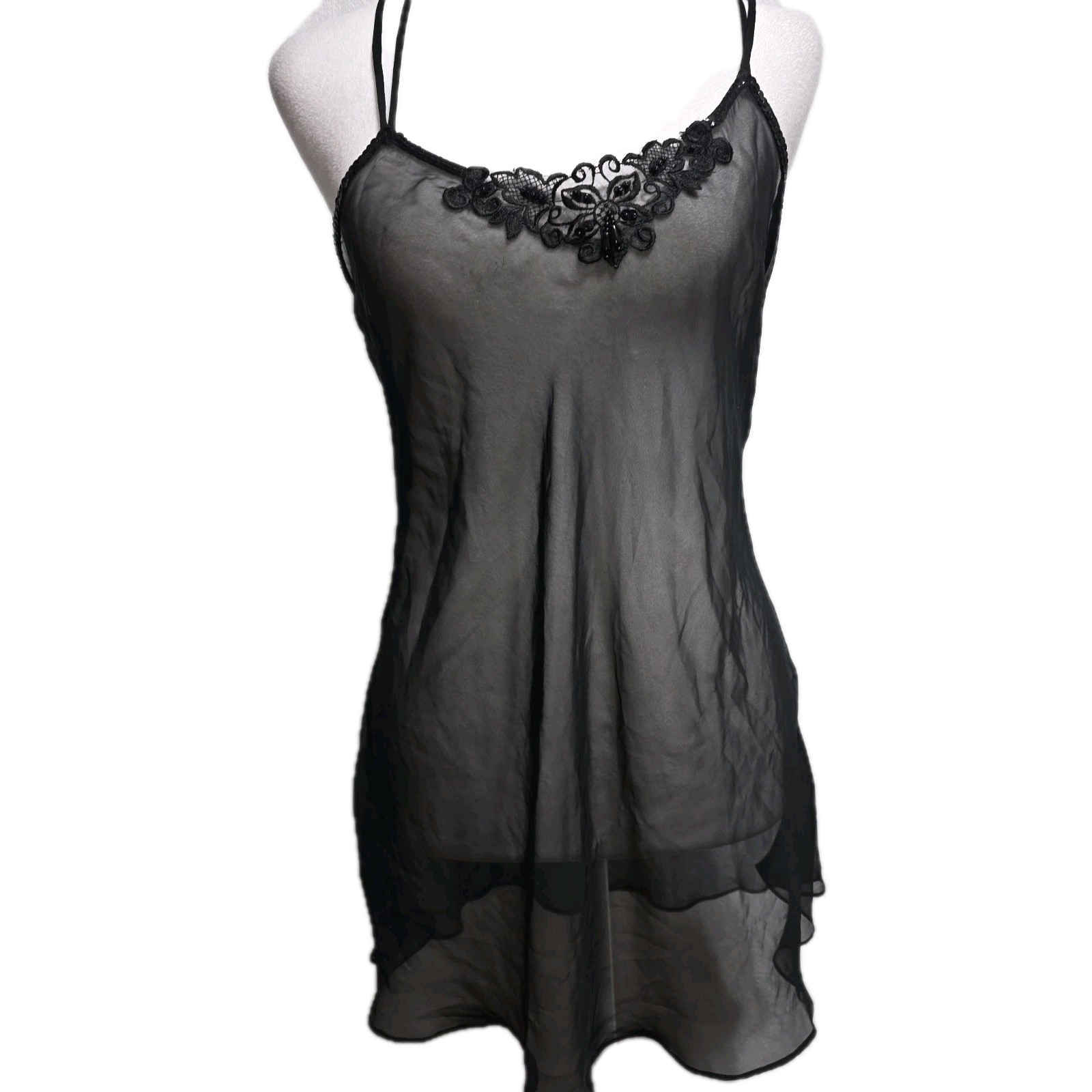 Vintage Frederick’s Hollywood Black Sheer Lace Babydoll Slip Dress Mesh Y2K S