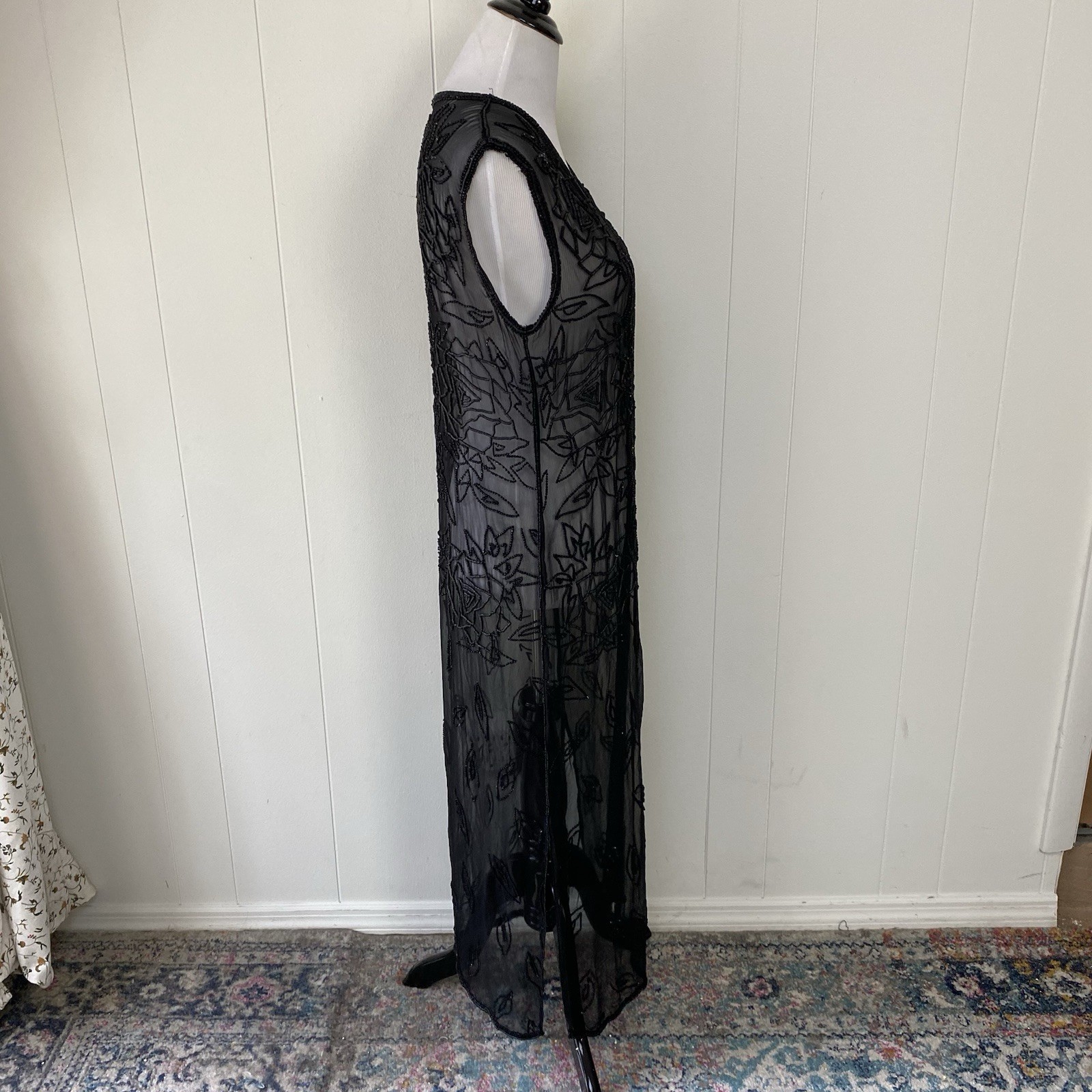 Sheer Black Beaded Duster Cardigan Whimsigoth Kimono Witchy Silk? OSFM 20″ PTP