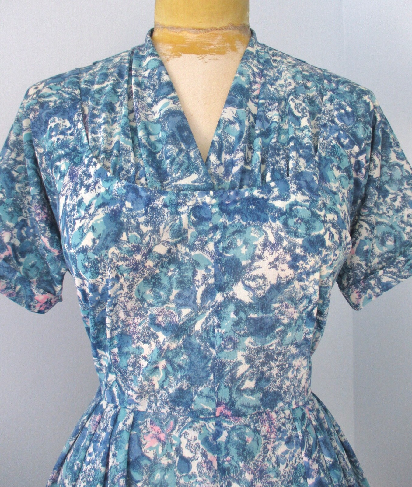 Vtg 50s 60s Blue Pink Abstract Silky Knit Rockabilly Swing Dress Nelson Caine M