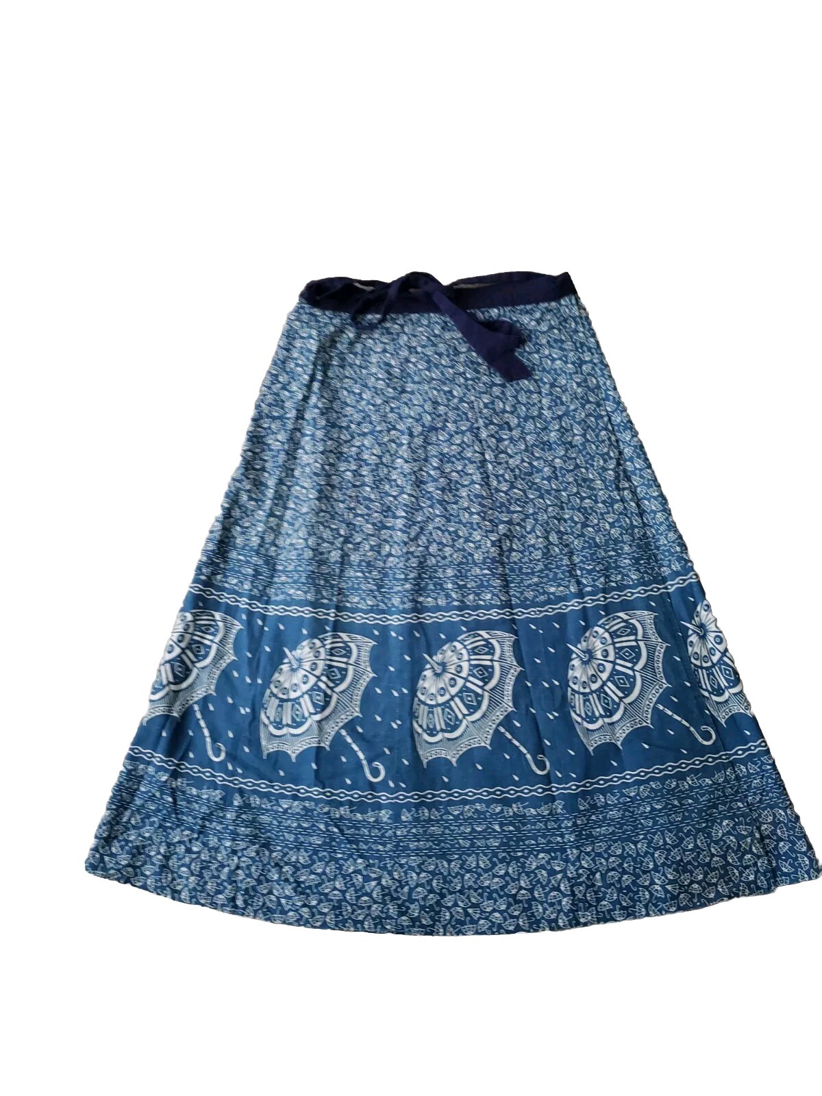 VTG 70s Blue Umbrella Print Wrap Skirt Sz S/M? 27.5″W Hippie Boho Festival READ
