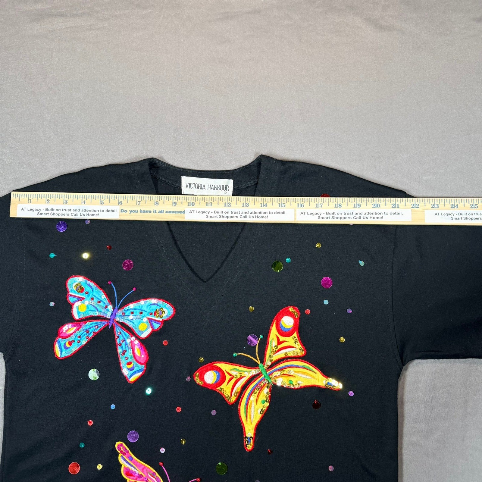 Victoria Harbour Vintage Butterfly Sequin Beaded V-Neck T-Shirt Black Womens M