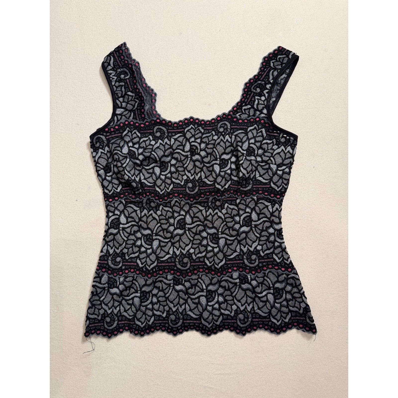 Cache Vintage Y2K Silver Metallic Floral Lace Tank Top Black Pink Small 20120