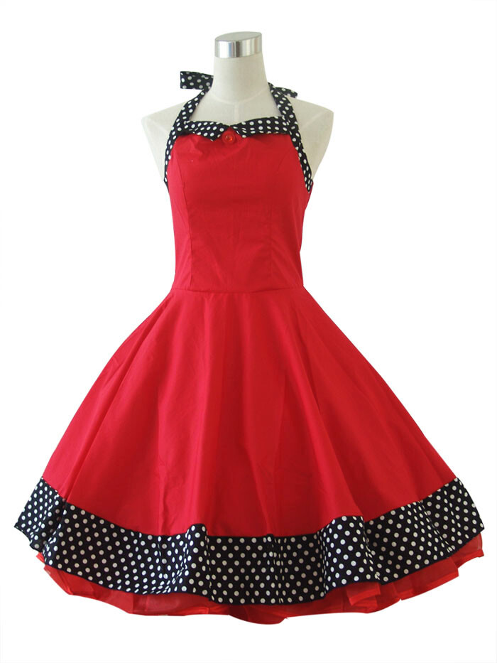 Women 50s 60s 70s Vintage Retro Rockbilly Swing Dress Pinup Party Polka Dot Red