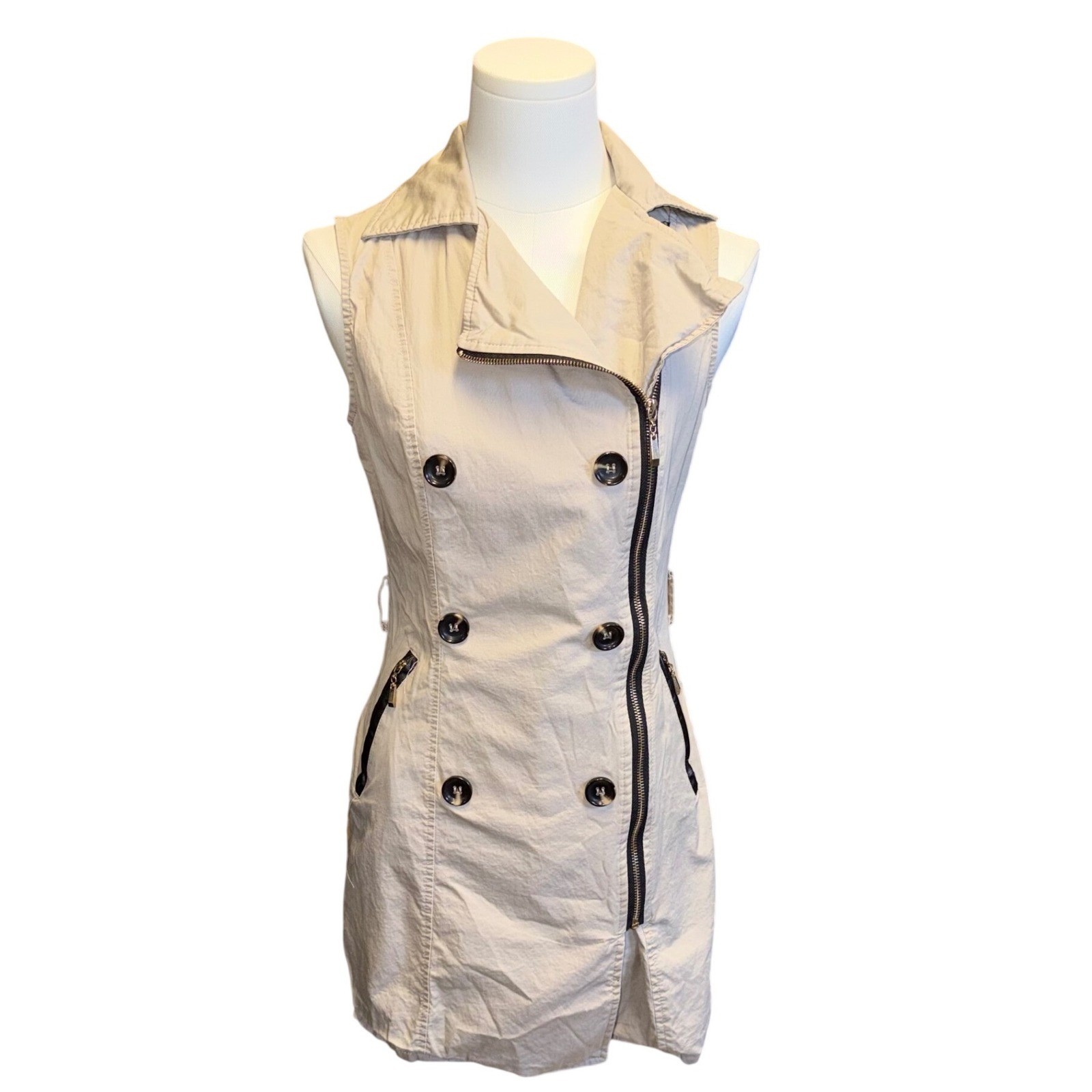 Vintage Tan Sleeveless Trench Mini Dress Khaki Double Breasted Zip Front Small