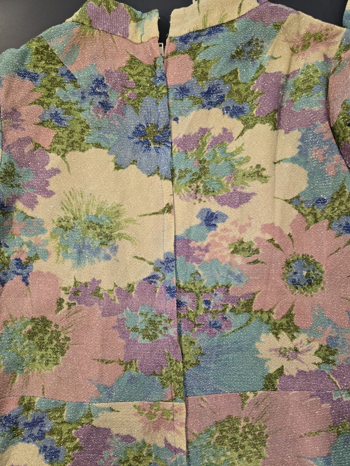 60s VTG Sparkle Psychedelic Purple Green White Floral Dress Md Maxi Mermaid