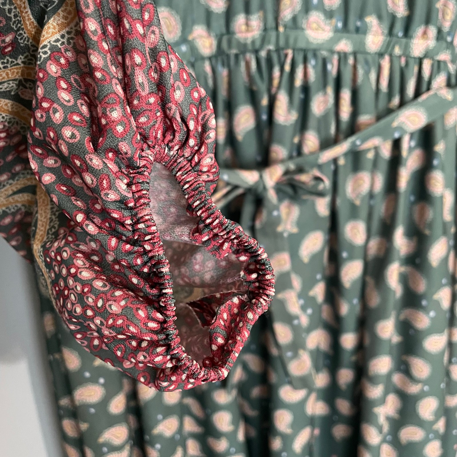 VTG Nancy Greer Dress L Green Paisley 70s Peasent Boho Hippie Cottagecore NWOT