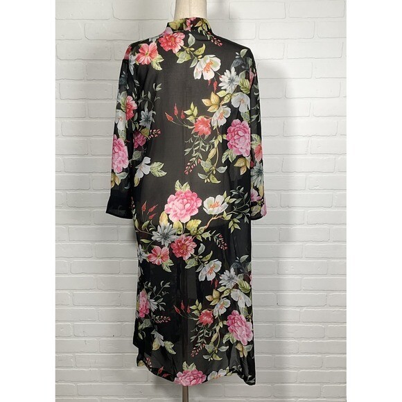 Sweet Pea Stacy Frati Duster Women L Black Floral Peony Sheer Kimono Boho Robe