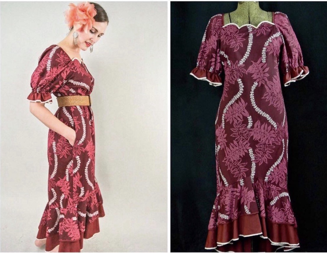 Vintage Lolenani Hawaii Hawaiian Red Maroon Floral Dress Tiki XL