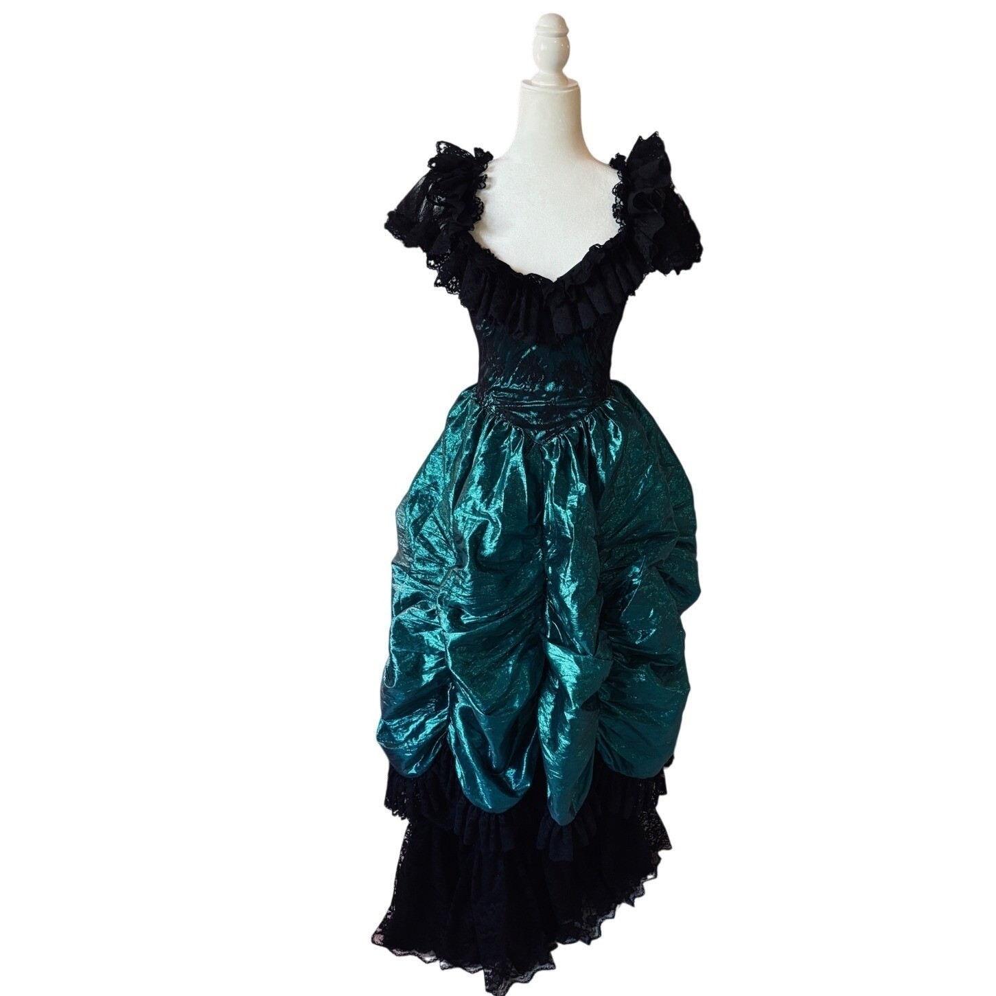 Loralie Original Vintage 80s Emerald Green Metallic Lace Ruffle Gown Dress 0
